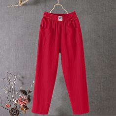 Season:Summer,Fall,Spring; Fabric:Cotton Linen; Gender:Women's; Style:Comfort,Solid; Elasticity:Micro-elastic; Occasion:Daily,Casual; Details:Without Lining; Fit Type:Regular Fit; Function:Comfort; Waistline:Mid Waist; Design:Baggy,Side Pockets,Elastic Waist; Special Size:Normal; Pants Type:Chinos,Baggy; Fly Type:Elasticity; Front page:FF; Production mode:External procurement; Hips:; Length:; Waist:; Fit US Size:null; Fit UK Size:null; Fit EU Size:null; Pants Length:Ankle-Length Baggy Solid Color Harem Pants For Fall, Casual Solid Ankle-length Harem Pants, Casual Loose Fit Ankle-length Harem Pants, Ankle-length Relaxed Fit Solid Bottoms, Solid Non-stretch Harem Pants For Fall, Ankle-length Relaxed Fit Bottoms In Solid Color, Fall Solid Non-stretch Harem Pants, Red Casual Relaxed Fit Harem Pants, Casual Red Harem Pants With Relaxed Fit