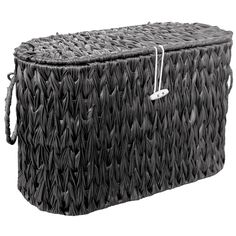 a large black wicker basket with handles