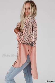 Olivia Mark - Pink Oversized Blouse with Raw Edge and Leopard Patchwork Design Oversized Patchwork Blouse For Spring, Fall Patchwork Pink Blouse, Patchwork Blouse, Plus Size Mini Dresses, Patch Work Blouse, Bodycon Floral Dress, Plus Size Outerwear, Oversized Blouse, Leopard Print Blouse