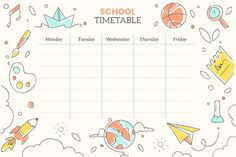 a school timetable is shown with different things around it and the words school time on it