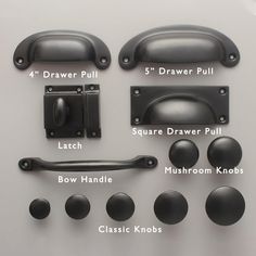 an assortment of door handles and knobs on a white surface, labeled with names