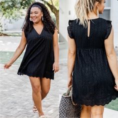 Black Lace Romper Fabric Has No Stretch, Lightweight Feel, Fitted In The Bust. V-Neckline With Ruffled Sleeves And Eyelet Fabric. Flowy Romper Style Wear Like A Dress With Shorts. Never Worn Size Info : Bust- 42-44 Waist- 36-38 Hips - 45-47 Casual Black V-neck Dress For Day Out, Black V-neck Mini Dress For Summer, Black Mini V-neck Dress For Day Out, Casual Black V-neck Dress For Date Night, Black V-neck Summer Dress For Day Out, Black Summer V-neck Dress For A Day Out, Black Mini V-neck Dress For Vacation, Black V-neck Summer Mini Dress, Black V-neck Dress For Summer Day Out