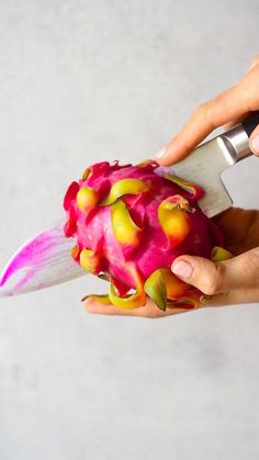 a person holding a knife cutting into a dragon fruit