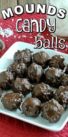 chocolate covered candy balls on a plate with text overlay that says mounds candy balls copycat