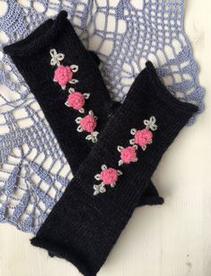 Unique handmade gloves finger-less, decorated with original design of Raspberry. Hand knitted and hand stitched. Ordered gloves will be similar to ones on the photo, but not identical. It is a comfortable and non-ordinary knitted fashion accessory for spring, autumn and mild winter. It will warm up your hands and wrists immediately. BE UNIQUE, STAND OUT FROM THE GREY CROWD! It is a convenient accessory while driving a car, o surfing with smartphone. Accurately knitted of high quality yarn: 60% w Winter Hand Knitted Black Knitting Pattern, Winter Gift Crochet Knitting Pattern, Winter Crochet Knitting Pattern For Gift, Winter Crochet Knitting Pattern, Handmade Knitting Pattern Yarn Gift, Handmade Yarn Knitting Pattern For Winter, Yarn Knitting Pattern For Gifts, Handmade Winter Knitting Pattern In Yarn, Winter Crafting Knitting Pattern