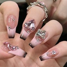 24pcs Sparkly Diamond False Nail French Long Coffin Press on Nails for Nail Art Black French Tips, Nagel Tips, Nail Type, Fake Nails With Glue, Pearl And Lace, Diamond Nails, Nail Length, Crystal Nails, False Nail