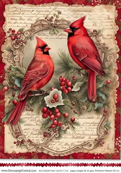 Cardinal Duo | Rice Paper - Piglet's Closet Busted Canvas, Rasy Koni, Rice Paper Decoupage, Christmas Cardinals, Decoupage Diy, Christmas Scenes, Victorian Christmas, Noel Christmas, Vintage Christmas Cards