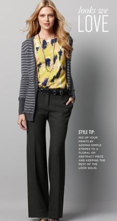 The Office Office Attire Women, Slim Cardigan, Mixing Patterns, Look Office, Mixed Prints, Muted Green, Yellow Pants, Work Chic, Business Wear