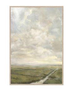 an oil painting of a dirt road in the middle of a green field with clouds above it