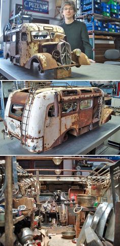 an old rusty car is being worked on in the shop and then restored to look like it