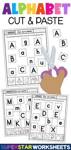 the alphabet cut and pastee worksheet for kids to practice their handwriting skills