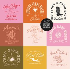 six different types of logos for clothing and other items in various colors, including pink, yellow