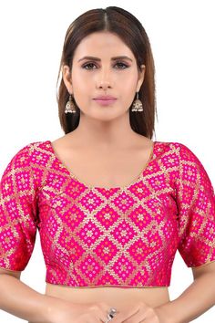 Product Features: Blouse Color: PINK Blouse Fabric: Jacquard Blouse Work: Solid Blouse Closure: BACK OPEN Blouse Type: Padded Blouse Sleeves Type: Elbow Sleeves Blouse Neck Type: Round Neck Product type: Saree Blouse Occasion: Partywear Disclaimer: There will be slight difference in digital to actual image Round Neckline Blouse, Pink Brocade, Saree Blouse Styles, Open Blouse, Saree Blouses Online, Jacquard Blouse, Padded Blouse, Brocade Blouses, Ladies Blouse Designs