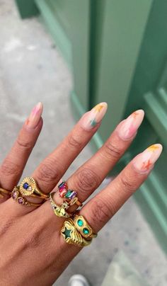 Eclectic Gold Jewelry, Gold Colorful Jewelry, Summer Rings Aesthetic, Natashahmedx Outfits, Maxamilist Jewelry, Maximalist Jewelry Aesthetic, Stacked Jewelry Rings, Pretty Stacks, Ring Stacking Ideas