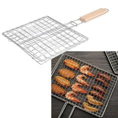 an oven rack with donuts and sausages cooking on top of it next to a pan