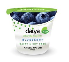 yogurt with blueberries in a plastic container on a white background and green lid