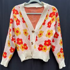 Floral Sweater, Soft Button-Up, Never Worn Casual V-neck Outerwear With Floral Print, Pink Button-up Cardigan For Spring, Pink Button-up Sweater For Spring, Casual Pink Cardigan For Spring, Pink Button Sweater For Spring, Pink Buttoned Sweater For Spring, Trendy Pink Cardigan With Buttons, Trendy Pink Buttoned Cardigan, Spring Multicolor Sweater With Button Closure