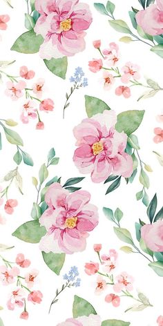 watercolor pink flowers and green leaves on a white background for wallpaper or fabric