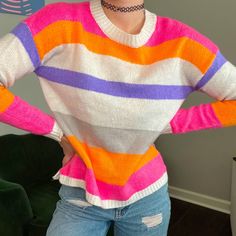 Multicolor Long Sleeve Knit Sweater. Great Condition, Never Worn. Trendy Multicolor Soft Knit Sweater, Pink Crew Neck Sweater In Acrylic, Cute Multicolor Knit Sweater, Pink Crew Neck Acrylic Sweater, Cozy Pink Acrylic Sweater, Pink Acrylic Crew Neck Sweater, Casual Pink Knitted Sweater, Trendy Pink Sweater, Cute Pink Knit Sweater