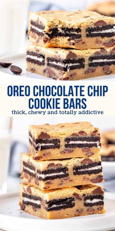 oreo chocolate chip cookie bars stacked on top of each other with the title above it