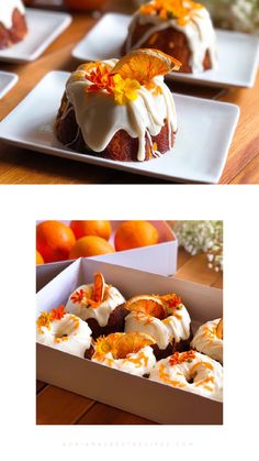 there are many different types of desserts in the box on the table and one is decorated with orange flowers