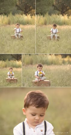 a little boy sitting on top of a wooden bench in the middle of a field