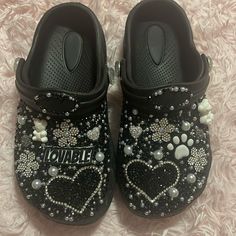 Handcrafted, Brand New Without Tags Girls Size 13/1. Black, Silver, And White Accessories Trendy Black Round Toe Clogs, Trendy Black Slip-on Clogs, White Accessories, Size 13, Black Silver, Kids Shoes, Clogs, Kids Shop, Brand New