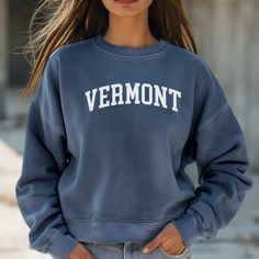 The Vermont Comfort Colors Crewneck Sweatshirt is the perfect go to cozy sweatshirt for crisp days and cool nights.  The Comfort Colors brand lives up to their name. They're known to be one of the most comfortable, relaxed fit sweatshirts around, and they offer great colors.   More on the Comfort Colors1566 Crewneck Sweatshirt: It's made with 80% ring-spun cotton and 20% polyester. The fabric is garment-dyed, ring-spun, color-blast fleece and they offer the coolest colors. It's a medium-heavy fa Cozy Blue Crew Neck Sweatshirt, Cozy Blue Crew Neck Sweats, Comfy Blue Crew Neck Sweatshirt, Cozy Fit Crew Neck Hoodie With Letter Print, Winter Crew Neck Soft-washed Sweatshirt, Everyday Long Sleeve Letter Print Sweatshirt, Long Sleeve Sweats With Letter Print For Everyday, Everyday Fall Sweats With Letter Print, Everyday Long Sleeve Sweats With Letter Print