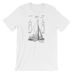 Sailboat Patent T-Shirt. Vintage patent art from the archives of the United States Patent Office.100% Super Soft Combed and Ringspun Cotton  Slightly Fitted Men's/Unisex TeeFeels and fits like a well-loved favorite teePrinted on super soft Bella Canvas Tee.Available printed on Black, Red, White, or Gray T-Shirt.Sizes S, M, L, XL, 2XL, 3Xl**Please check sizing chart to determine your best fit (in product photos.)**The shirt is digitally printed with water based inks for a soft feel.Each shirt is Graphic Print Crew Neck T-shirt For Boating, Sail Colored Nautical T-shirt With Graphic Print, Sail Color Nautical T-shirt With Graphic Print, Sail Color Nautical Short Sleeve T-shirt, Sail Colored Short Sleeve Nautical T-shirt, Nautical Graphic Print T-shirt In Light Blue, Sail Color Crew Neck T-shirt With Graphic Print, Graphic Print Crew Neck T-shirt For Sailing, Nautical Style Sail Color T-shirt For Sailing