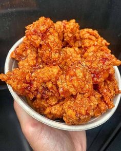 a person holding a bowl full of fried food