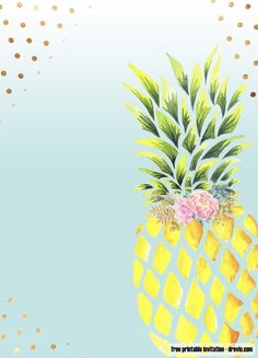 a painting of a pineapple on a blue and yellow background with gold polka dots