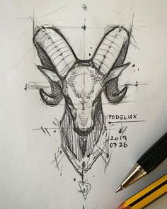 a pencil drawing of a ram's head