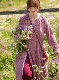 North Sweden, Cottage Fashion, Sweden Nature, Grey Embroidered Dress, Artsy Dress, Green Floral Print Dress, Lagenlook Dress, Dresses For Spring, Dark Nature