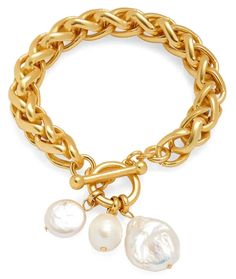 Braided link bracelet with multiple genuine pearl charms PRODUCT DETAILSMaterials: Pewter metal plated with 24 kt gold. Fresh water pearls.Measurements: 7.5"long; charm: 1" wideClosure: Toggle clasp Pewter Metal, Braided Bracelet, 24kt Gold, Pearl Charms, Braided Bracelets, Pearl Size, Toggle Clasp, Cultured Pearls, Link Bracelets