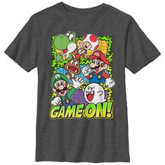 Bowser and his Koopa Troopa don't stand a chance against the Nintendo Super Mario Group Game On Heather Charcoal T-Shirt! Yoshi, Toad, Mario, Luigi, and Boo are all printed by "Game On!" on the front of this cool boys' Mario shirt. 60% Cotton, 40% Polyester. Printed in the U.S.A. Printed With Eco-Friendly Inks Machine Washable Fifth Sun Fashionable Slim-Fit Team Awesome, Mario Shirt, Super Mario And Luigi, Video Game T Shirts, Group Shots, Mario Bros., Group Games, Mario And Luigi, Boy Tees