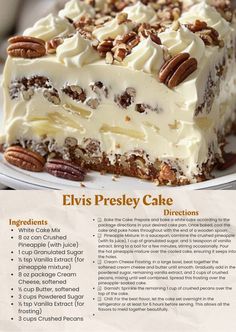 an advertisement for a cake with pecans and cream frosting on it's side