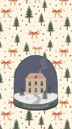 a christmas card with an image of a house in the snow surrounded by trees and bows