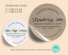 two round labels with the words, country printables and an organic product name