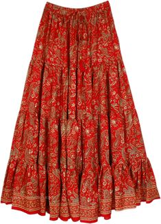 A beautiful paneled long pixie skirt, perfect for a little taller woman - with a deep red hue; this skirt is a vibrant must-have! It has a a great fall and a magical look, complete with an elastic drawstring waist which brings comfort and flexibility. The design on the skirt has a lovely paisley style print. #tlb #Tall #MaxiSkirt #Floral #redlongskirt Bohemian Red Flared Skirt, Red Bohemian Tiered Maxi Skirt, Red Tiered Gathered Skirt, Bohemian Red Flared Skirt Bottoms, Red Flared Maxi Skirt For Fall, Fall Red Maxi Skirt, Red Fitted Maxi Skirt For Fall, Fitted Red Maxi Skirt For Fall, Fall Red Lined Maxi Skirt