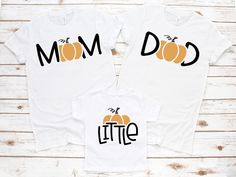 'Tis the season for all things pumpkin.  Get a shirt for yourself or style the whole family to match! T-shirt is unisex and made with soft, breathable and lightweight fabric. CARE: - Wash inside out with like colors - Tumble dry low or hang to dry - Non-chlorine bleach only - Do not iron or dry clean SIZE AND FIT: Your shirt will be printed on a high-quality, soft and comfortable unisex t-shirt. Sizes run true to size, which takes the guesswork out of ordering; if you like your t-shirts loose or oversized, you might want to order a size up and if you'd like a more fitted women's style then order a size down. RETURNS AND EXCHANGES: Because the shirts are made to order we do not accept any returns. Please double check your sizing and color choice carefully for errors. If there is any issue w Family Letter Print Tops For Fall, Casual Family T-shirt For Fall, Fall Tops With Letter Print, Thanksgiving Cotton T-shirt With Letter Print, White T-shirt For Fall Family Matching, Mom And Dad Shirts, Dad Shirts, Matching Tees, Pumpkin Shirt