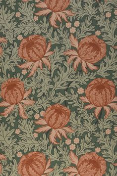 an orange and green floral wallpaper with large pink flowers on dark green grounding