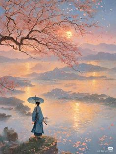 a woman holding an umbrella standing on top of a cliff next to a river under a tree