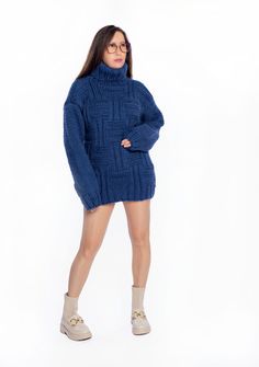 Very Beautiful Women Pattern Sweater, Thick, Heavy and Hot Jumper for lovely wife gift. 100% hand knit 100% luxury edition  100% pure wool Some clothes have soul ❤️ If you want to feel special, unique, comfortable, warm and cosy - you are at the right place!  We are very glad to present you this luxury wool sweater. It's fit elegant, stylish and you will love in it at the first sight!  We made this item to feel beautiful with any elegant and casual look.   This luxury sweater is made by absolute Winter Textured Knit High Neck Turtleneck, Winter High Neck Turtleneck, Blue Funnel Neck Sweater For Winter, Blue Funnel Neck Winter Sweater, Oversized Blue Turtleneck Sweater, Blue Long Sleeve Turtleneck For Fall, Winter Cable Knit Turtleneck Sweater Dress, Blue Sweater For Fall Cold Weather, Blue Fall Sweater For Cold Weather