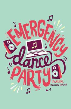 the words emergency dance party are surrounded by musical notes and an image of a laptop