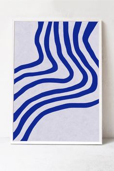 a blue and white art piece on a white background with wavy lines in the middle