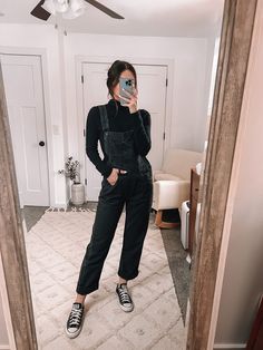 Black Overall Outfit Winter, Dressed Up Overalls, Maternity Black Overalls Outfit, Jumper Overalls Outfit, Wide Leg Cropped Overalls Outfit, All Black Overalls Outfit, Overalls Outfit Office, Overall Turtleneck Outfit, Denim Overalls Women Outfits