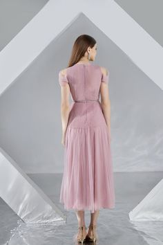 Florence A-line Cold Shoulder Sleeved Organza Midi Dress | MEAN BLVD A-line Organza Dress With Pleated Bodice, Feminine Pink Organza Midi Dress, Pink A-line Flirty Midi Dress, Feminine Pink A-line Midi Dress, Chic Pink Midi-length Pleated Dress, Happy Clothes, Organza Fabric, V Cuts, Shoulder Sleeve