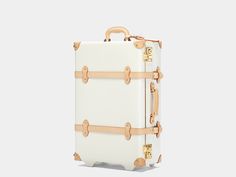 The Sweetheart Stowaway - Vintage-Inspired Luggage - Exterior Front White Luggage With Sleeve For Everyday Use, White Luggage With Luggage Sleeve For Everyday Use, White Luggage With Everyday Sleeve, Luxury Rectangular Luggage With Leather Lining, Luxury Luggage With Adjustable Strap For Trip, Beige Leather Rectangular Travel Bag, Beige Rectangular Leather Travel Bag, White Leather Bag With Leather Trim, White Leather Bags With Leather Trim