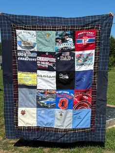 a quilt made to look like a car with many different t - shirts on it