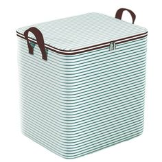 a blue and white striped cooler bag with brown handles on the front, side view